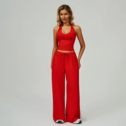 Women's Summer V Neck Top & Wide Leg Pants Set