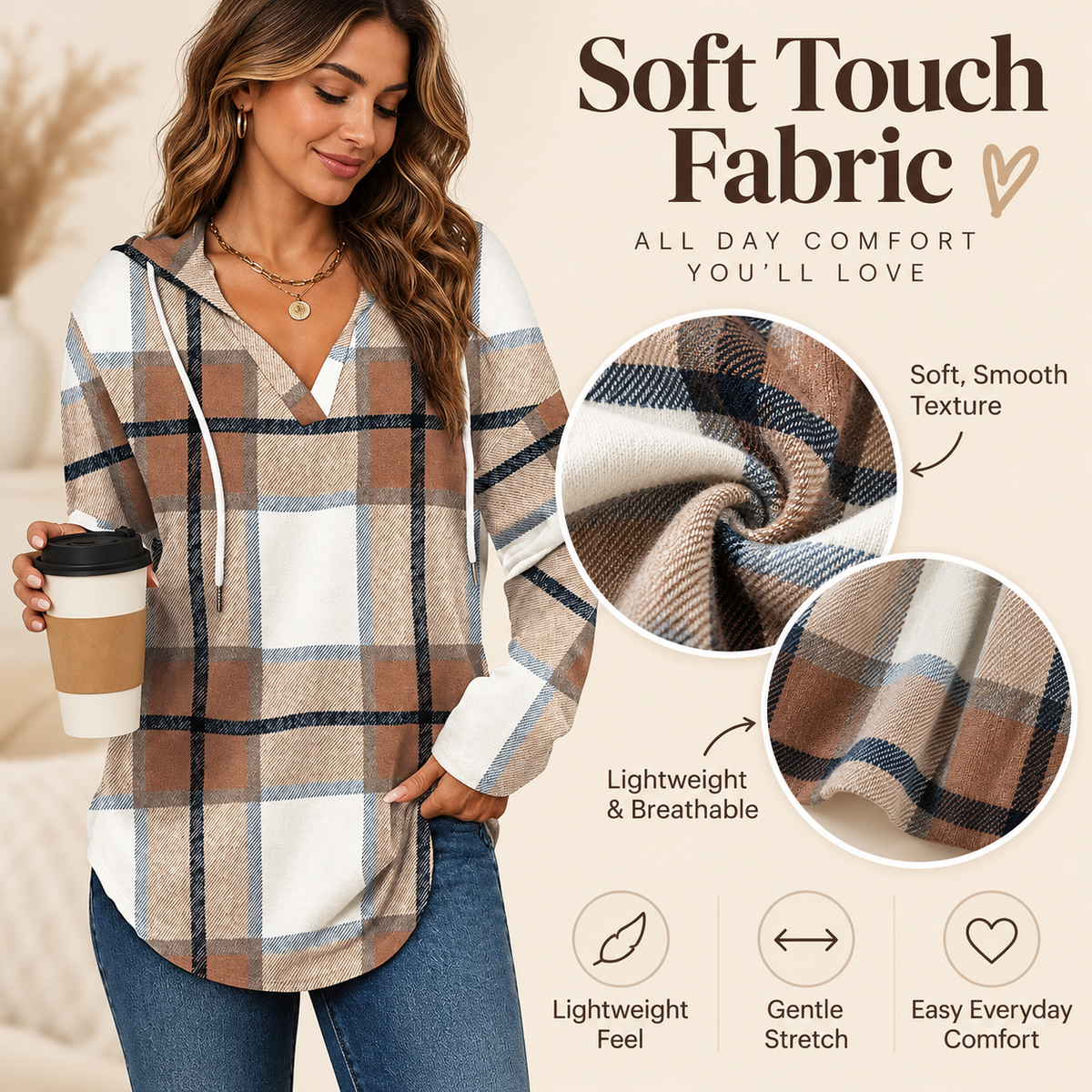 💕49% OFF 🍂Cozy V-Neck Hooded Tunic Top | 🧥 Long Sleeve Curved Hem Sweatshirt for Women
