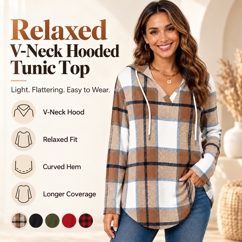 💕49% OFF 🍂Cozy V-Neck Hooded Tunic Top | 🧥 Long Sleeve Curved Hem Sweatshirt for Women