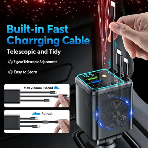 7-in-1 ✨120W Fast Car Charger with Star Projector, Retractable Cable Multi Port Car Charger PD Quick Charge