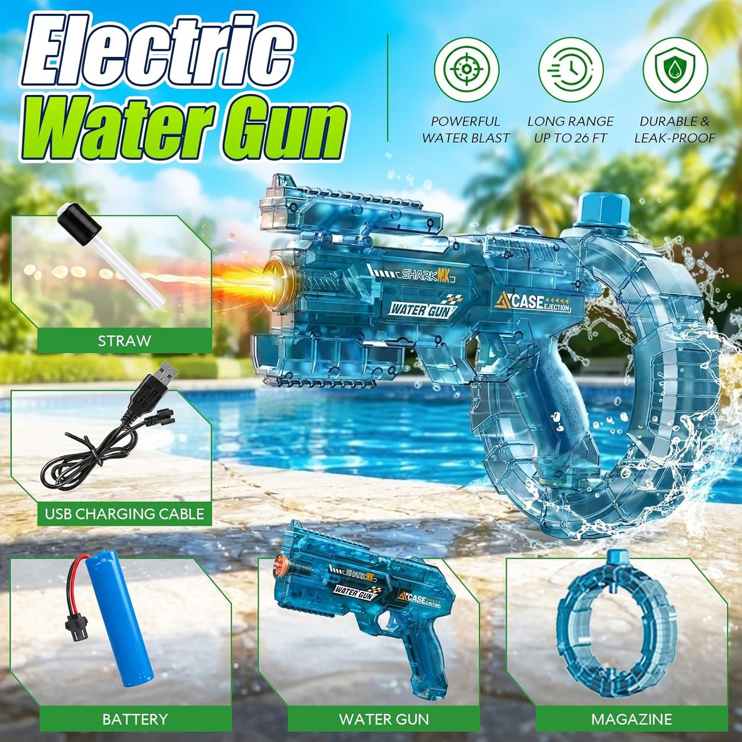 Rechargeable Electric Water Gun, LED Auto Water Blaster, 26FT Long Range Summer Pool Toy
