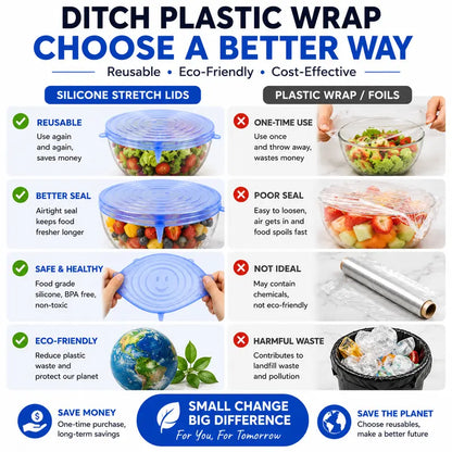 🥗 6-Pack Silicone Stretch Lids – Reusable♻️, BPA-Free & Leak-Proof Covers for Bowls, Pots, Cups & Fruits