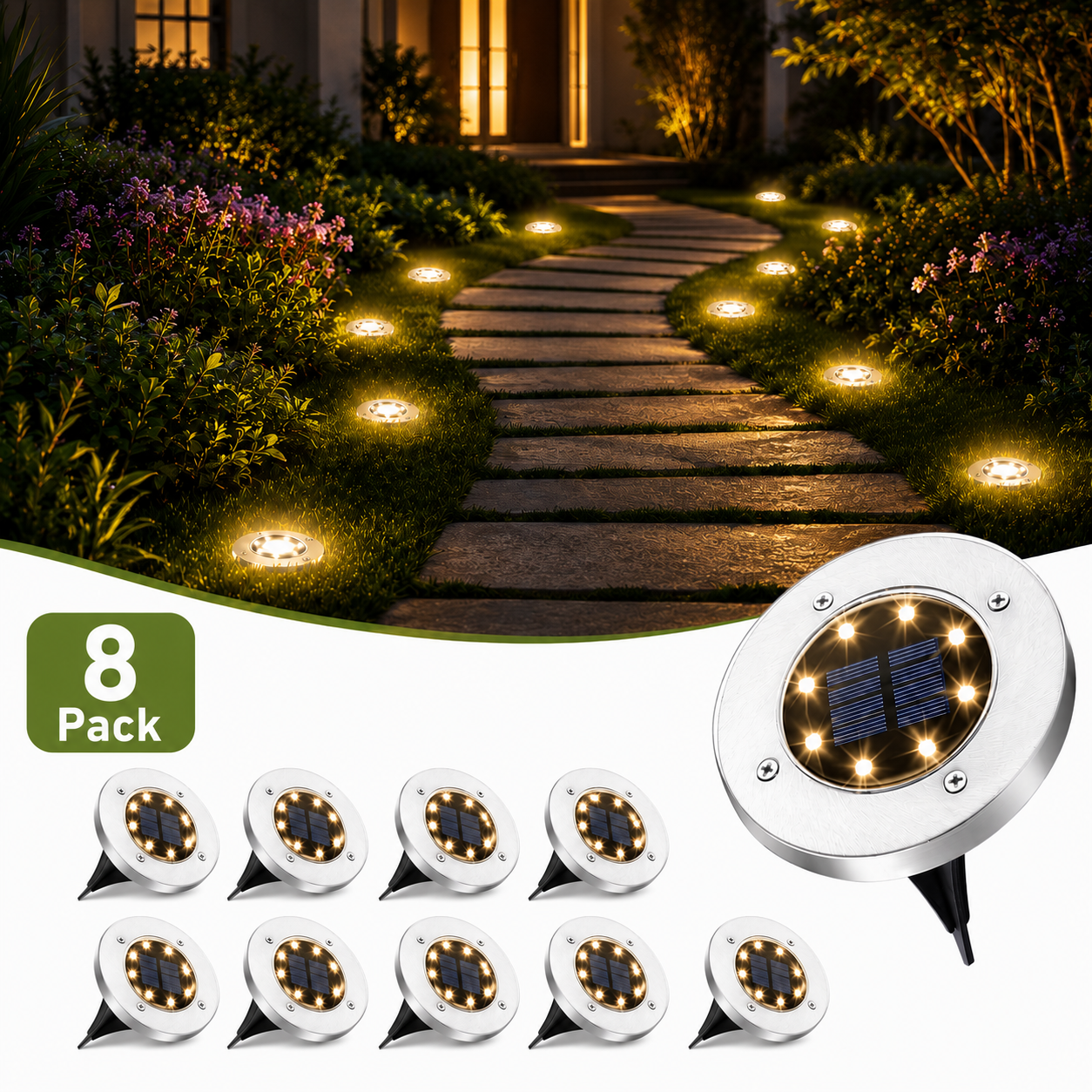☀️ 8 LED Solar Ground Lights | IP65 Waterproof 💧 Auto On/Off Garden Pathway Lights