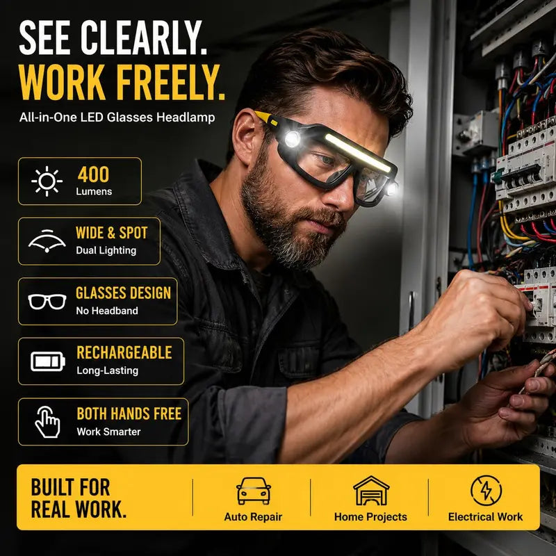 🔥 Limited-Time 49% OFF- LED Glasses Headlamp 👓💡Hand-Wave Sensor, 5 Modes, IPX4 Waterproof