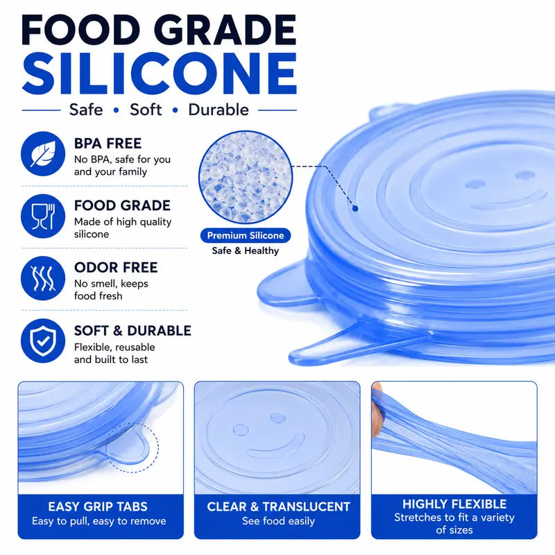🥗 6-Pack Silicone Stretch Lids – Reusable♻️, BPA-Free & Leak-Proof Covers for Bowls, Pots, Cups & Fruits