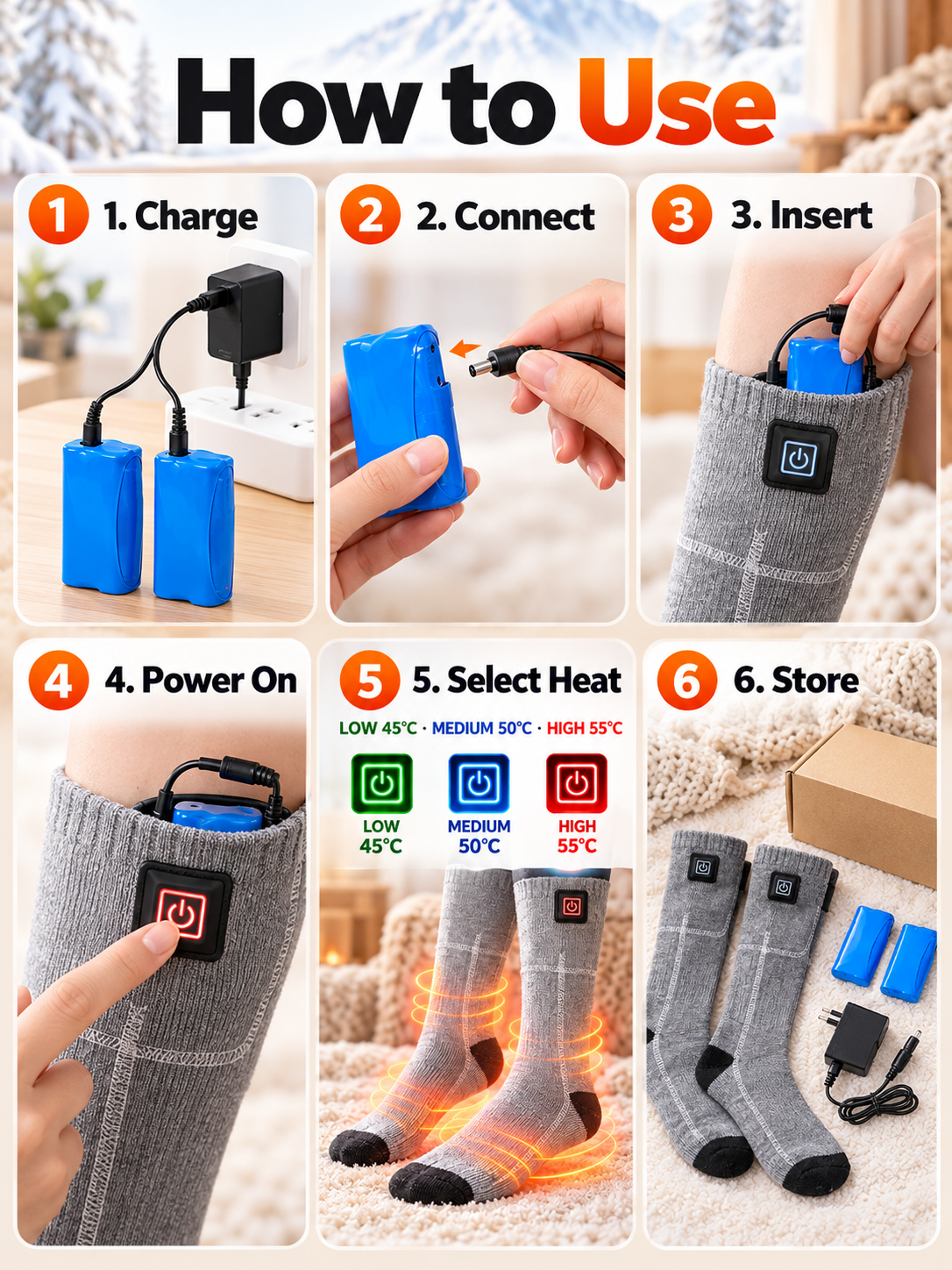 🔥 Rechargeable Heated Socks – 3 Adjustable Heat Levels, 3000mAh Battery Option & Winter Foot Warmth