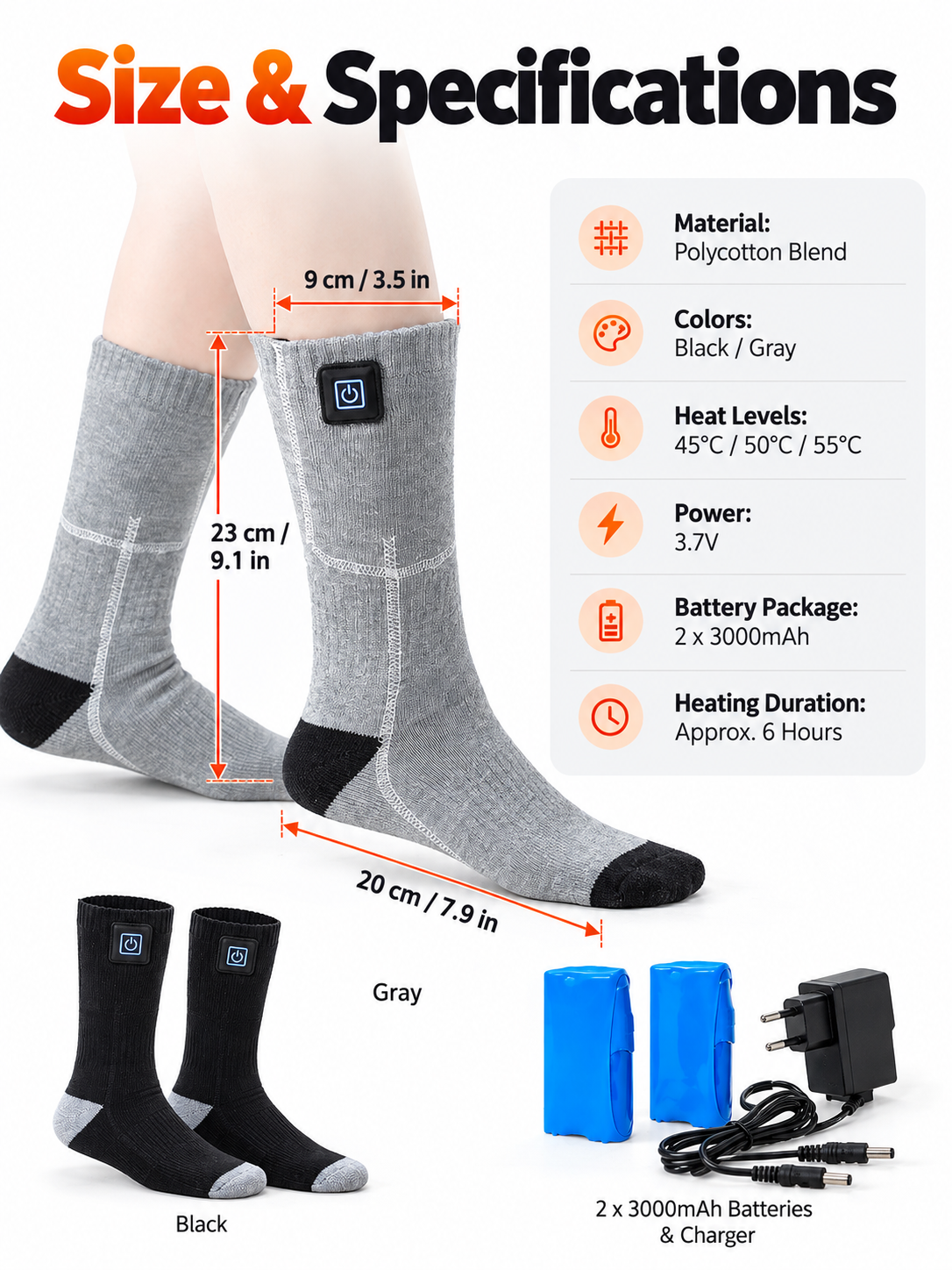 🔥 Rechargeable Heated Socks – 3 Adjustable Heat Levels, 3000mAh Battery Option & Winter Foot Warmth