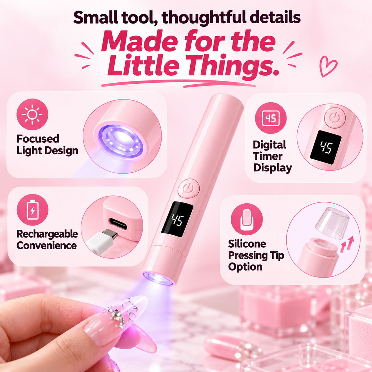 💅 Nail Art Made Easier ✨ Rechargeable Mini UV/LED Nail Flash Cure Lamp with Adjustable Stand