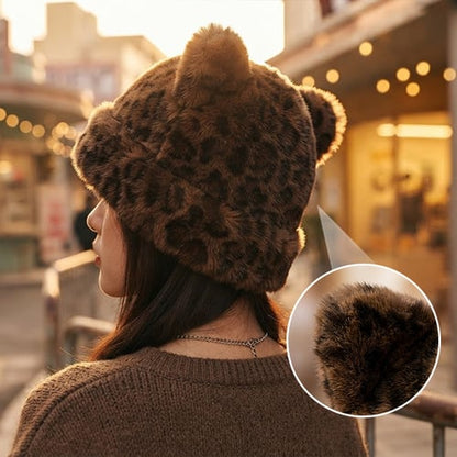Leopard Print Plush Cat Ear Hat