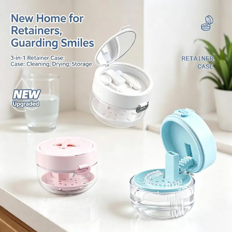 🔥Limited Time 50% OFF🔥 3-in-1 Denture Cleaning Box with Lift Drain Tray & Mirror, Leakproof Portable Travel Denture Cleaning Case🦷