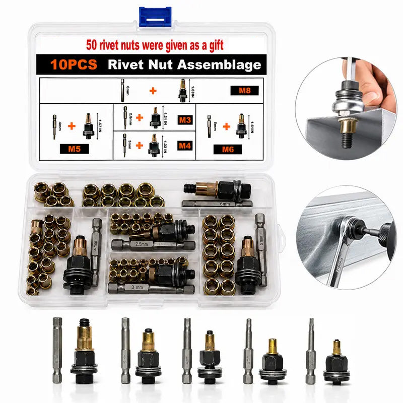 🏆🔩Head Rivet Nut Tool, M3-M8 Rivnut Kit, Carbon Steel Rivnut Set, Manual Riveter Rivnuts Tool