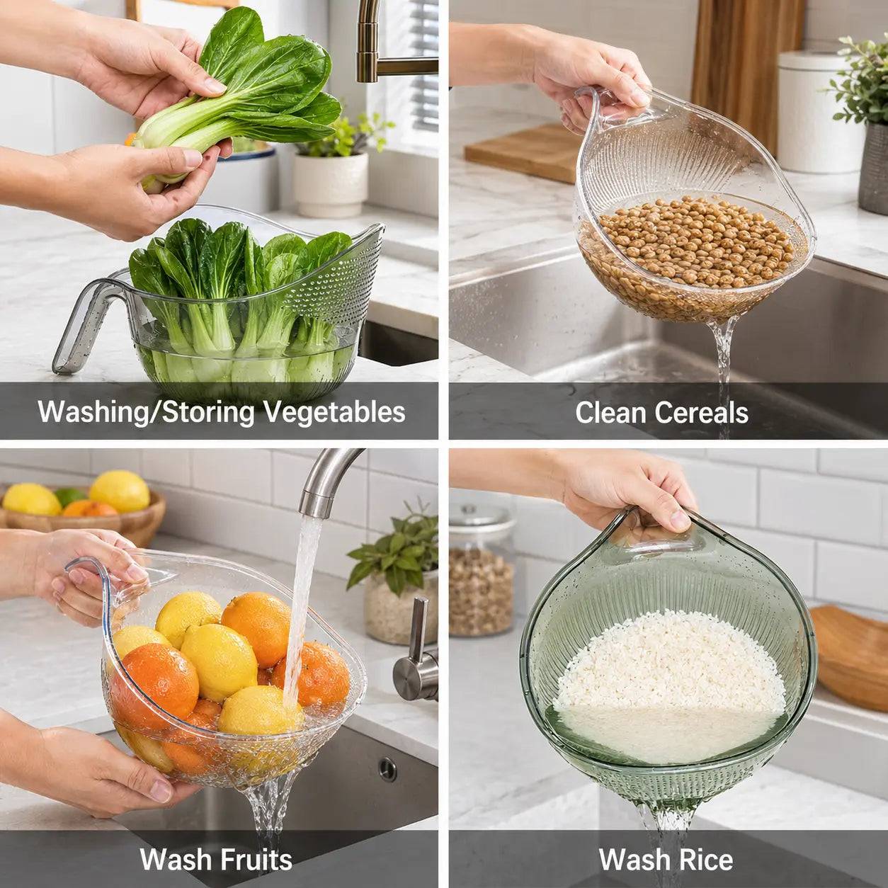 Aesthetic Multifunctional Rice Strainer with Handle - Sturdy BPA-Free Transparent Plastic Kitchen Utensils.