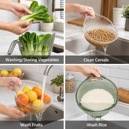 Aesthetic Multifunctional Rice Strainer with Handle - Sturdy BPA-Free Transparent Plastic Kitchen Utensils.