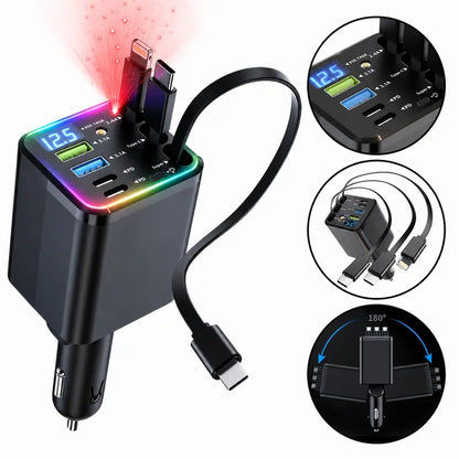 7-in-1 ✨120W Fast Car Charger with Star Projector, Retractable Cable Multi Port Car Charger PD Quick Charge