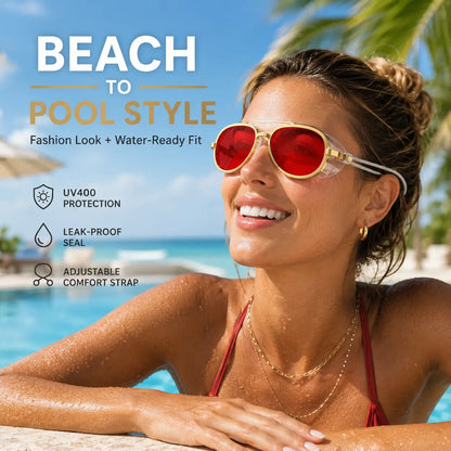 2-in-1 Polarized Swim Goggles & Sunglasses, Gold Frame Red Tinted Anti-Fog Goggles with UV Protection, 180° Wide View Silicone Seal for Adults