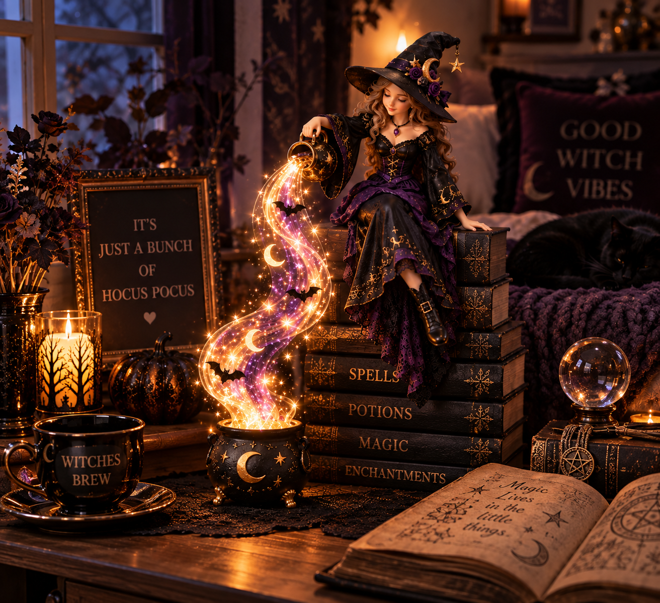 Witch light with books and an open book in a reading corner