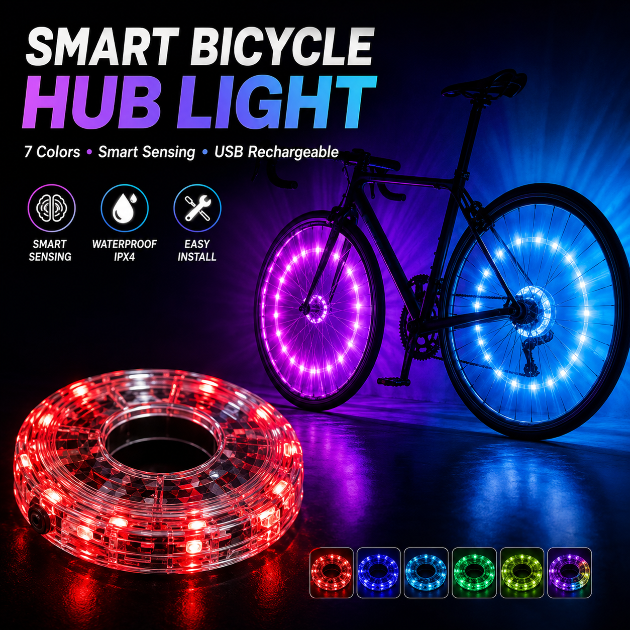 🔥 Limited-Time 49% OFF - Smart LED Bicycle Hub Lights | 7 Colors, Motion Sensor, USB Rechargeable Wheel Lights
