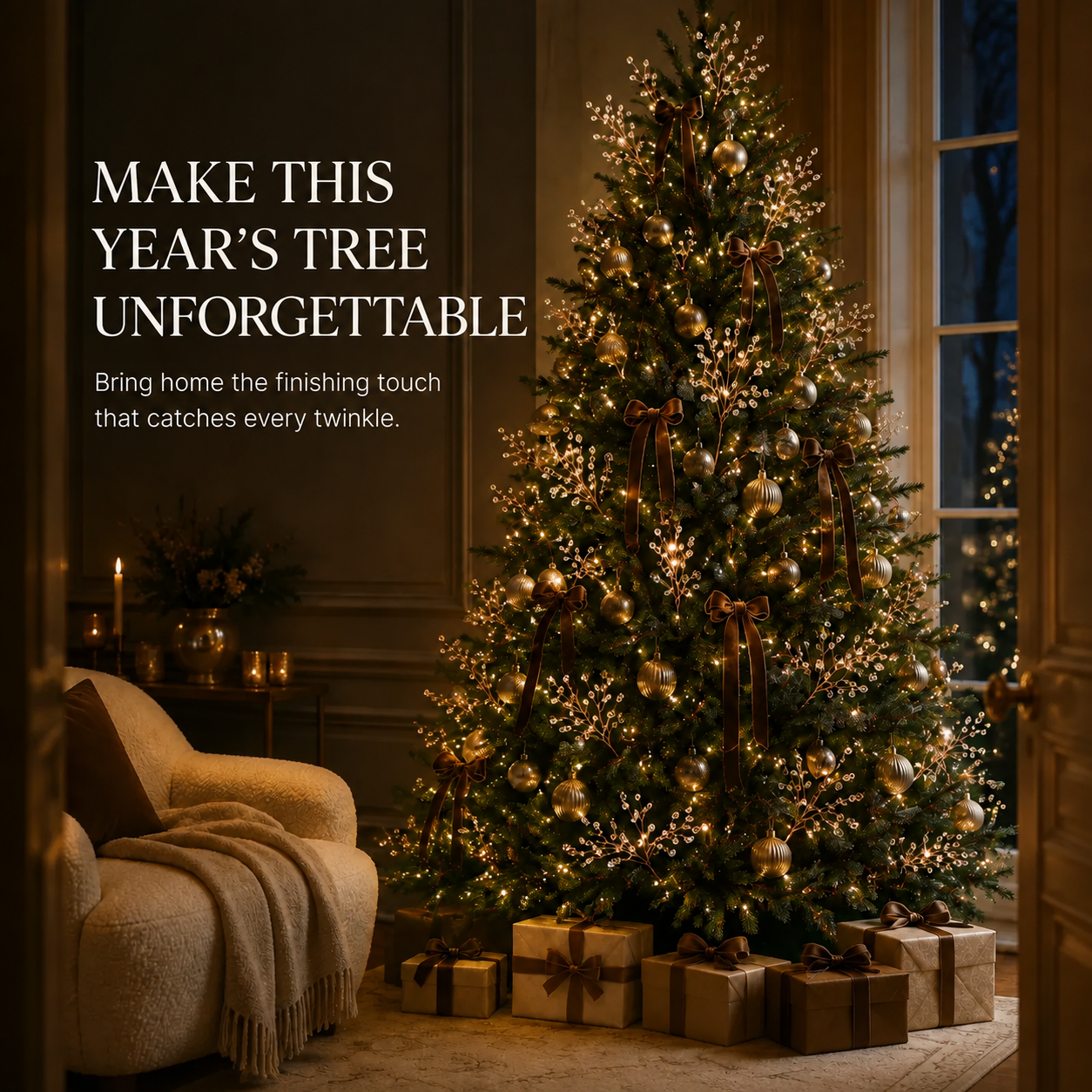 Elegant Christmas tree decorated with crystal branch picks and gold ornaments