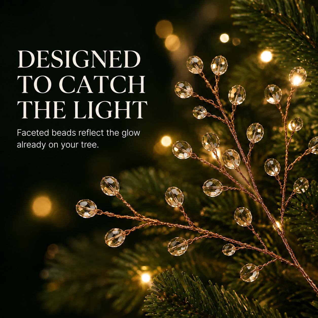 Faceted clear beads reflecting Christmas tree lights