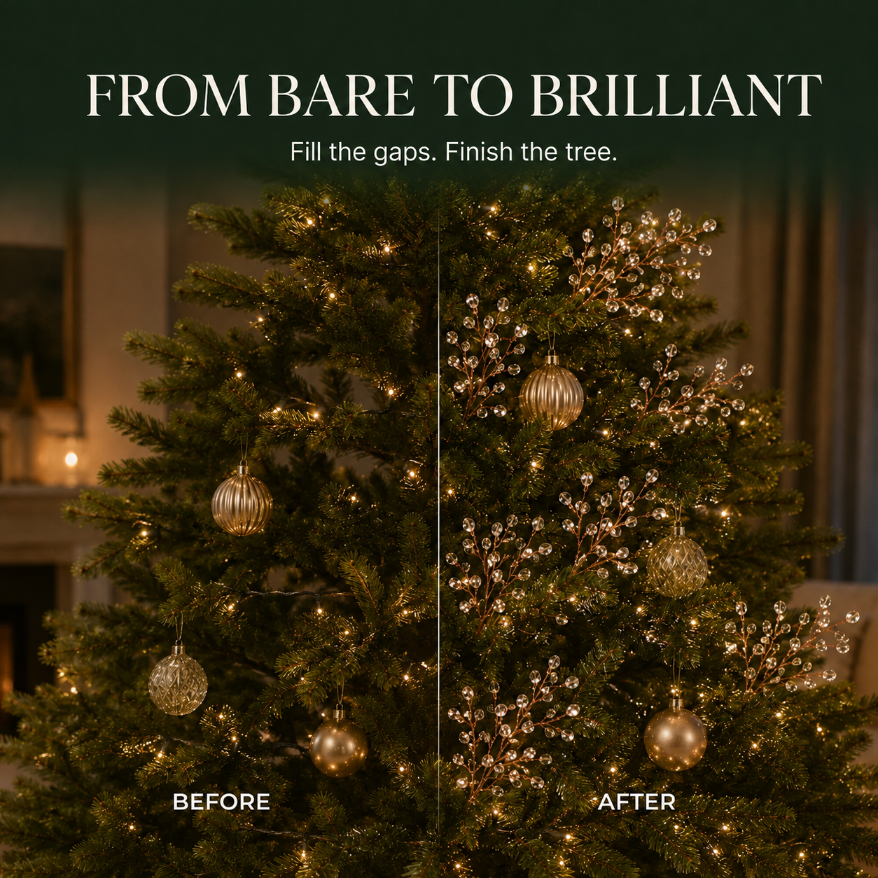 Before and after Christmas tree with crystal branch picks