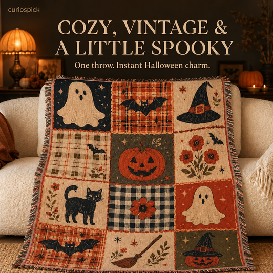 👻 Vintage Halloween Woven Throw Blanket – Cozy Spooky Patchwork-style decoration