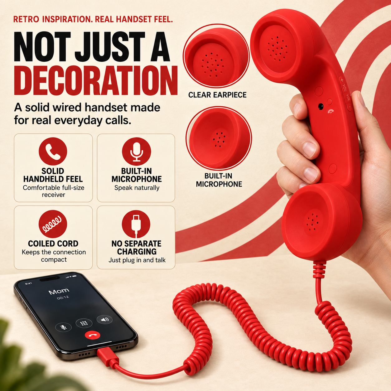 📞 Retro Type-C Phone Handset with Microphone