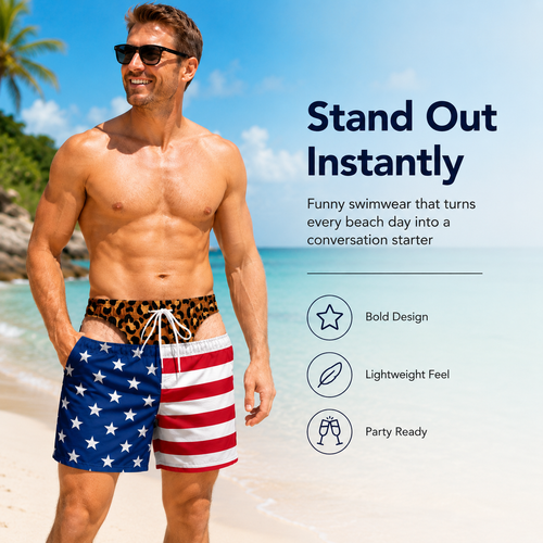 Funny Patriotic Men's Swim Trunks – Personalized "Warning: Wide Load" Beach Shorts