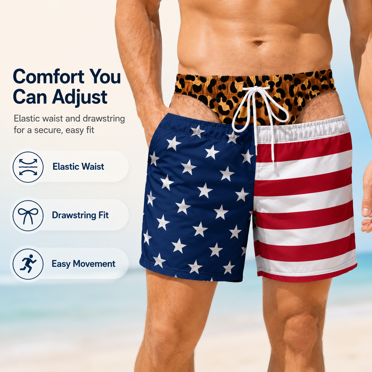 Funny Patriotic Men's Swim Trunks – Personalized "Warning: Wide Load" Beach Shorts