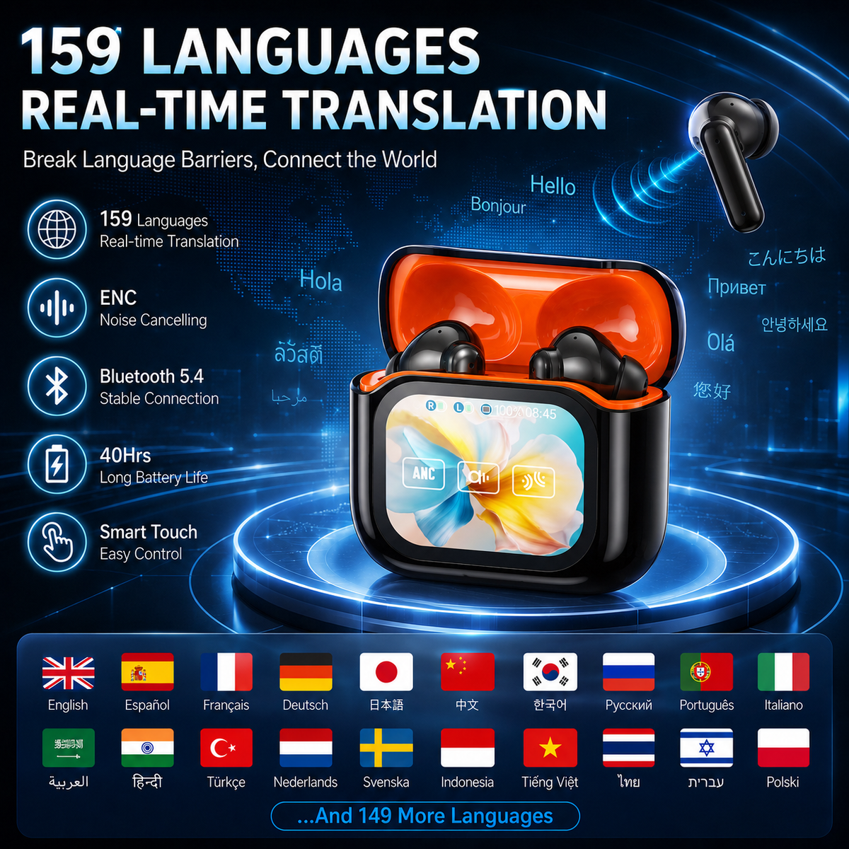🌍 159-Language AI Translation Earbuds 🎧 | Smart Touchscreen Charging Case