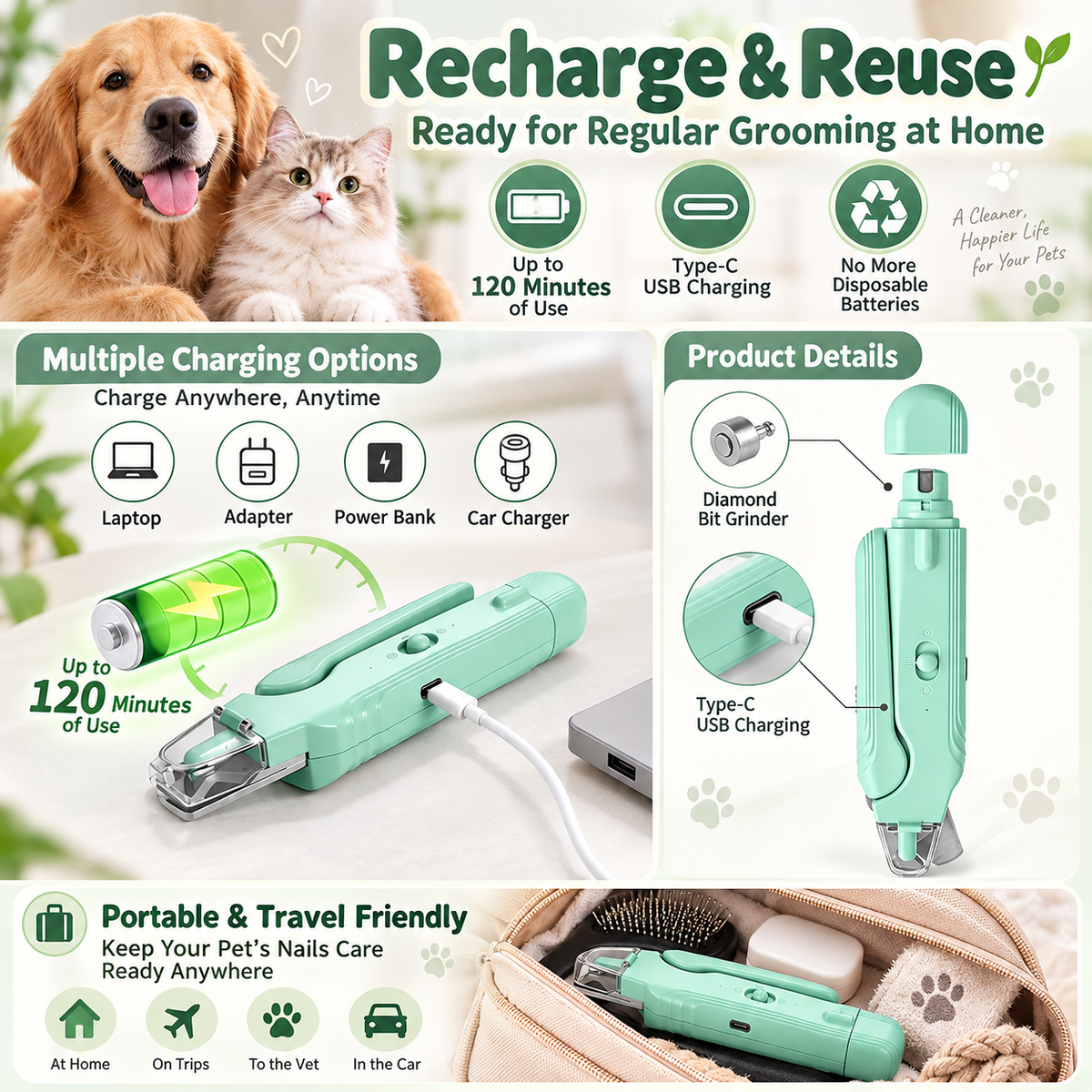 💥 LIMITED TIME 49% OFF 🐾 2-in-1 Pet Nail Clipper & Grinder ✨ LED Light, Low-Noise & Rechargeable
