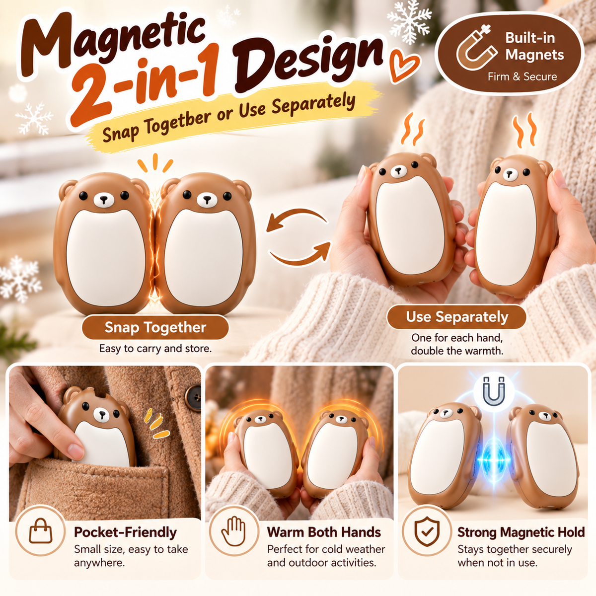 🐻 2-Pack Magnetic Bear Hand Warmers – Rechargeable, 3 Heat Levels & Pocket-Sized
