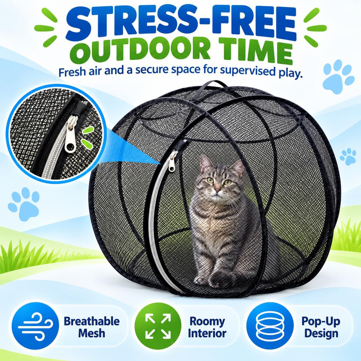🐱 Pop Up Cat Playpen – Portable Outdoor Cat Enclosure with Breathable Mesh