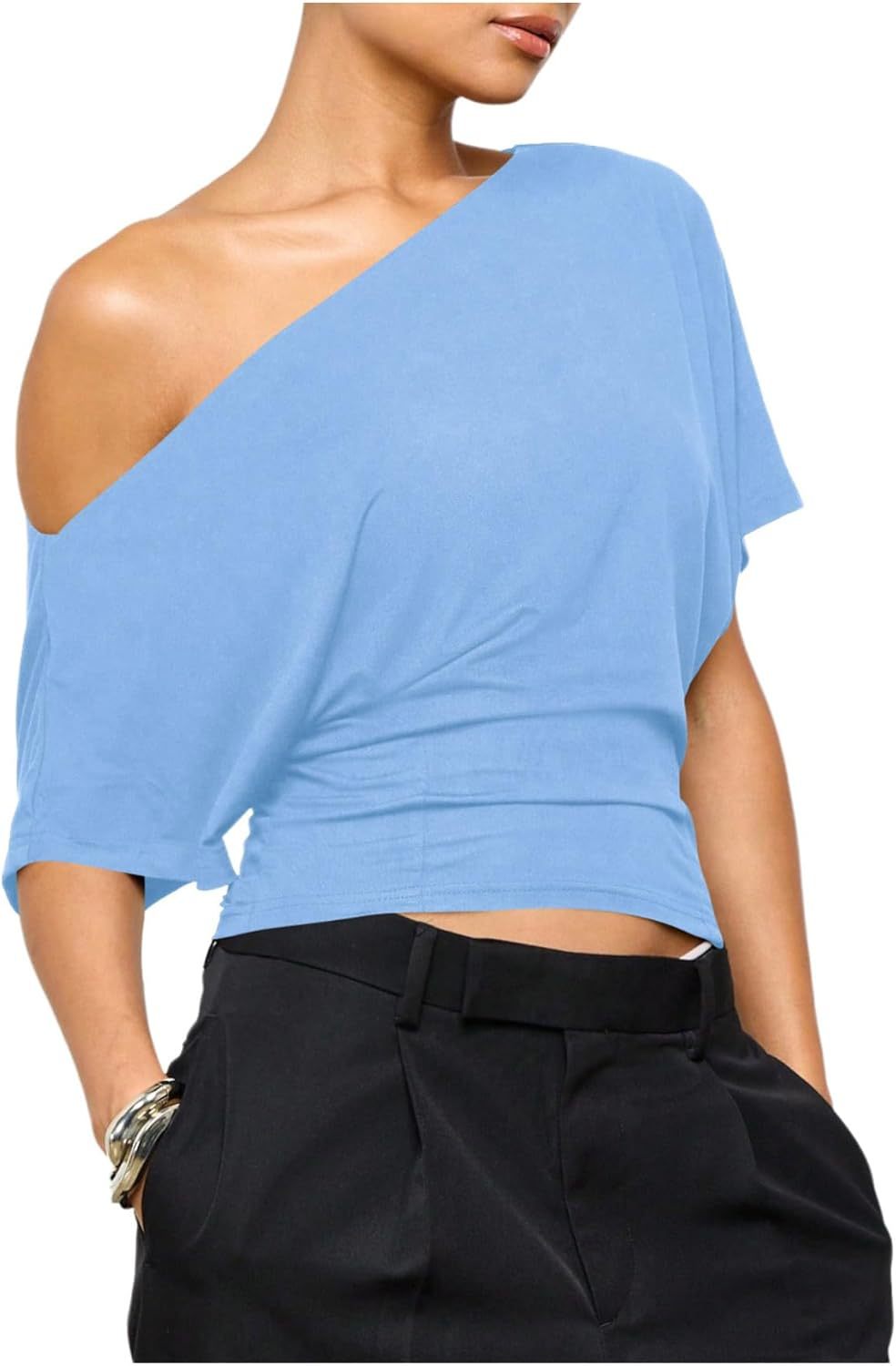 🎀✨Women Asymmetric One Off Shoulder Crop Top, Dolman Short Sleeve Ruched Waist Solid Slim Fit Tee