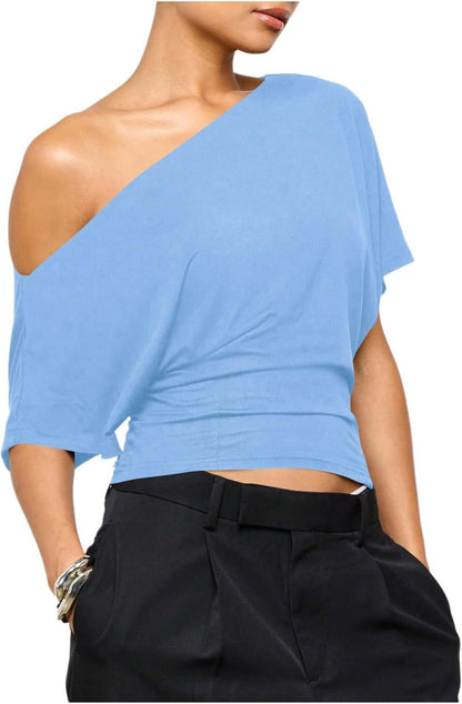 🎀✨Women Asymmetric One Off Shoulder Crop Top, Dolman Short Sleeve Ruched Waist Solid Slim Fit Tee