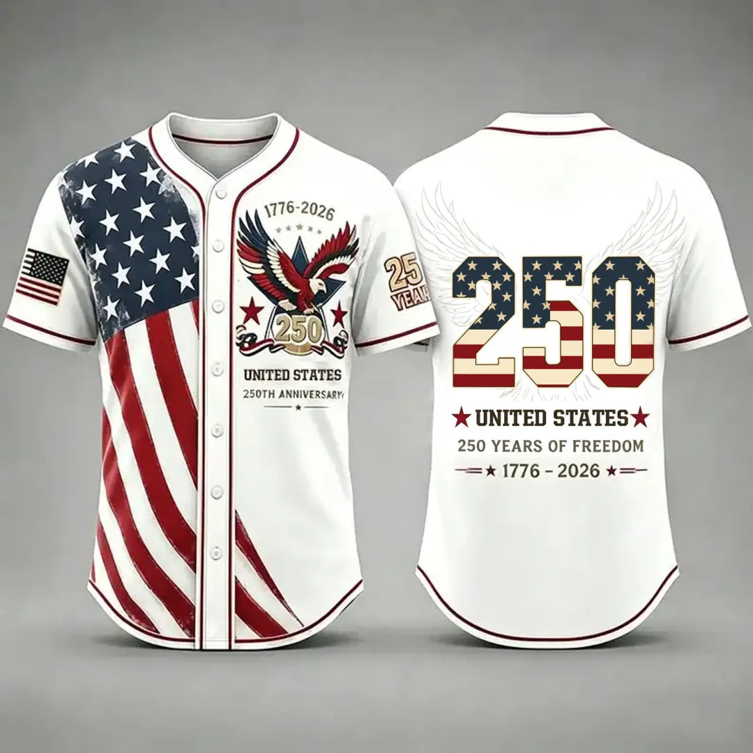 Unisex Button Down Baseball Jersey for Men & Women, USA 250th Anniversary Patriotic Shirt, American Flag Eagle Print 1776-2026
