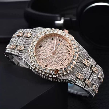 ⌚✨High quality iced out wrist watch automatic waterproof bling bling Rhinestone Embellished Quartz Watch og two tone watches