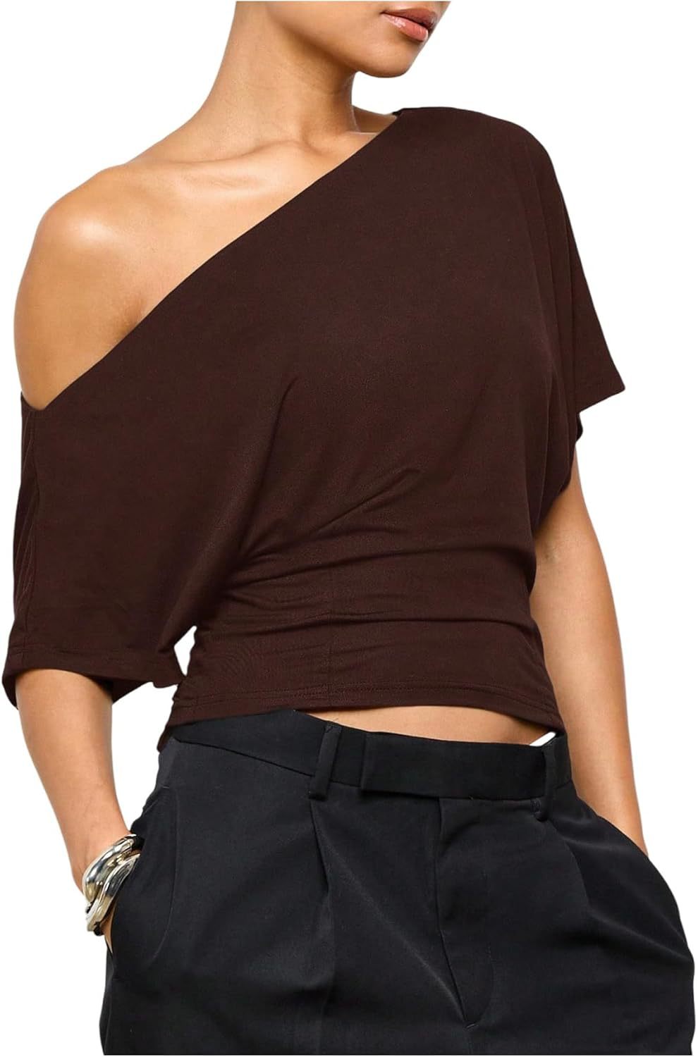 🎀✨Women Asymmetric One Off Shoulder Crop Top, Dolman Short Sleeve Ruched Waist Solid Slim Fit Tee