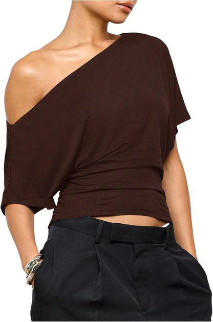 🎀✨Women Asymmetric One Off Shoulder Crop Top, Dolman Short Sleeve Ruched Waist Solid Slim Fit Tee