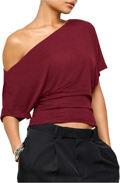 🎀✨Women Asymmetric One Off Shoulder Crop Top, Dolman Short Sleeve Ruched Waist Solid Slim Fit Tee