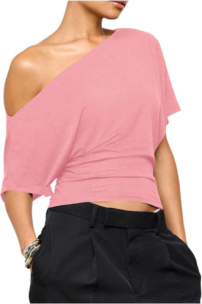 🎀✨Women Asymmetric One Off Shoulder Crop Top, Dolman Short Sleeve Ruched Waist Solid Slim Fit Tee