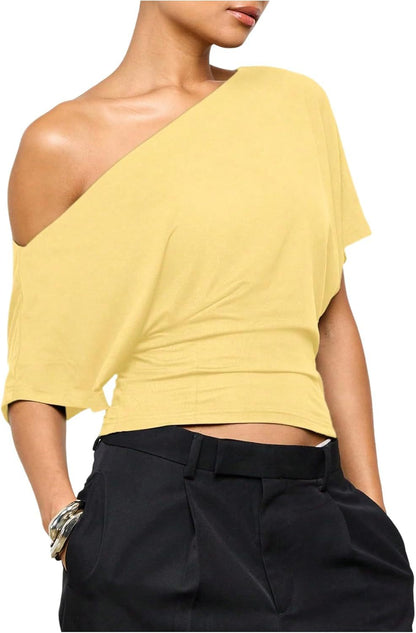 🎀✨Women Asymmetric One Off Shoulder Crop Top, Dolman Short Sleeve Ruched Waist Solid Slim Fit Tee