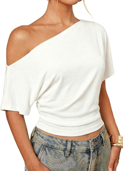 🎀✨Women Asymmetric One Off Shoulder Crop Top, Dolman Short Sleeve Ruched Waist Solid Slim Fit Tee