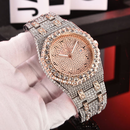 ⌚✨High quality iced out wrist watch automatic waterproof bling bling Rhinestone Embellished Quartz Watch og two tone watches
