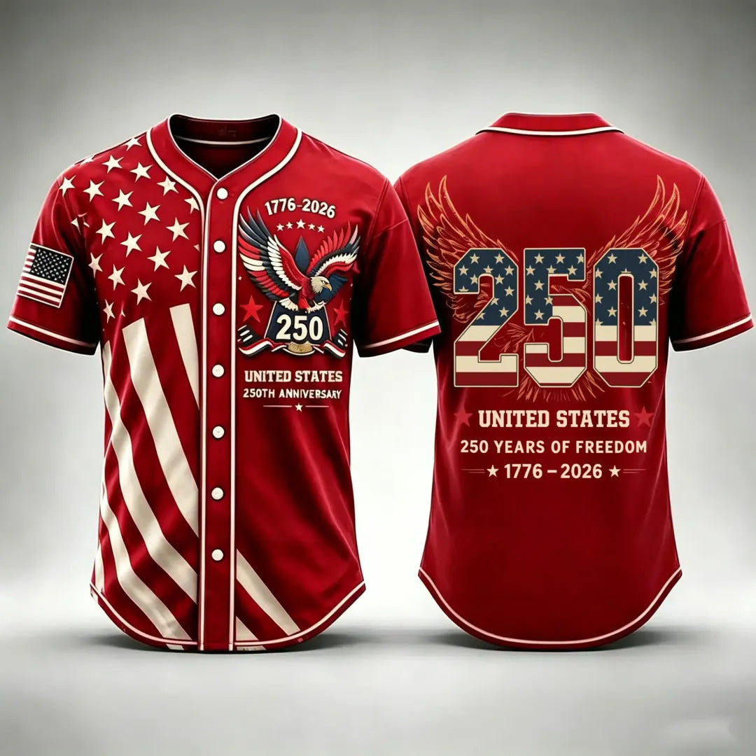 Unisex Button Down Baseball Jersey for Men & Women, USA 250th Anniversary Patriotic Shirt, American Flag Eagle Print 1776-2026