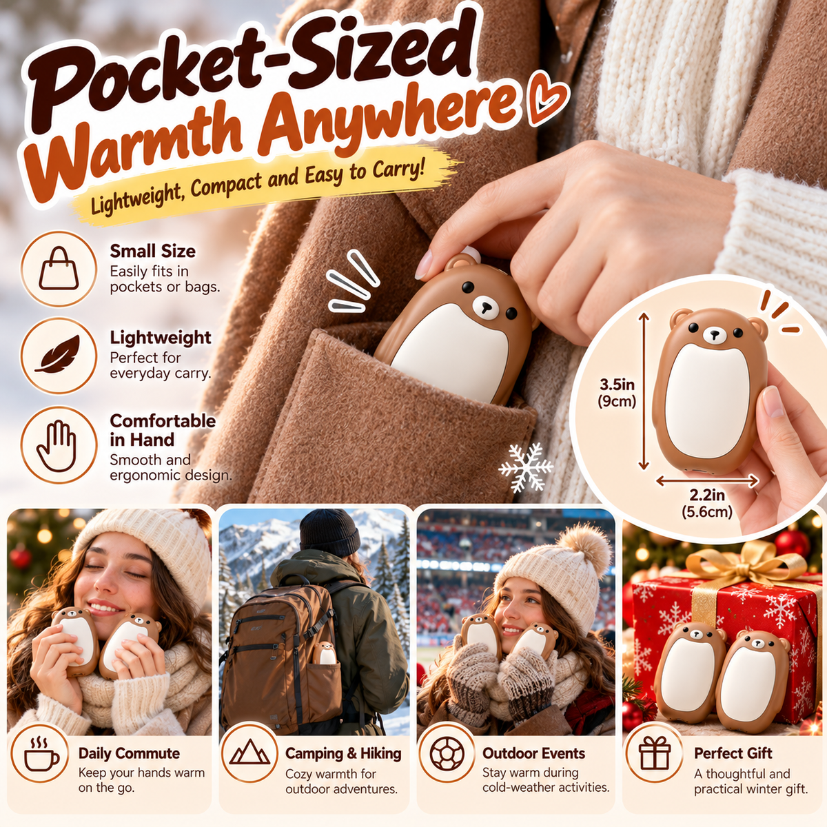 🐻 2-Pack Magnetic Bear Hand Warmers – Rechargeable, 3 Heat Levels & Pocket-Sized
