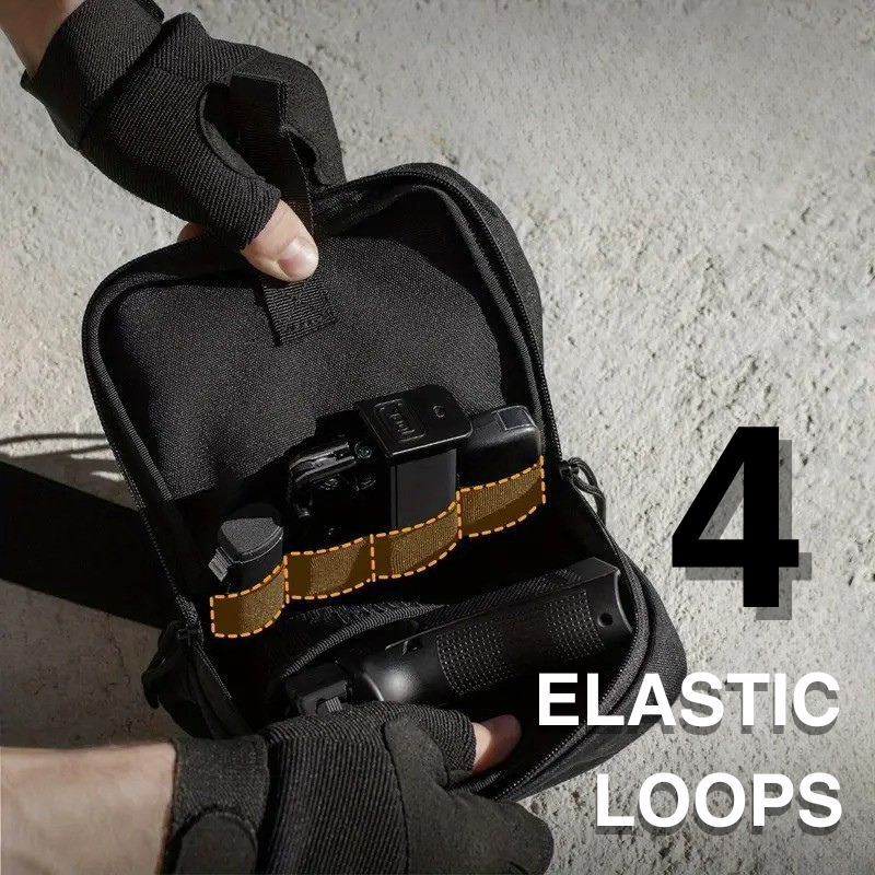 Black pouch with elastic loops held by a gloved hand against a concrete wall.