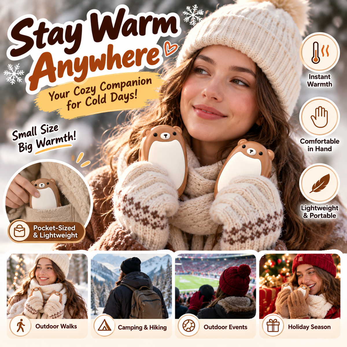 🐻 2-Pack Magnetic Bear Hand Warmers – Rechargeable, 3 Heat Levels & Pocket-Sized