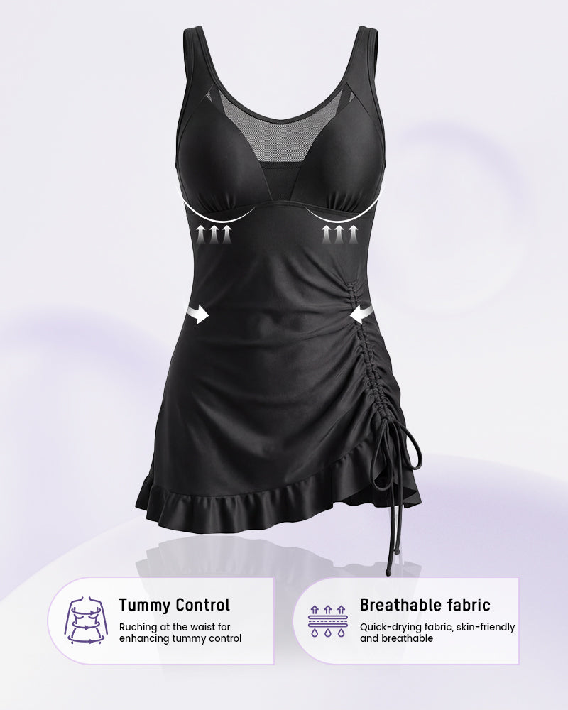 Tummy Control Mesh Neck Ruched Sides Tankini Set