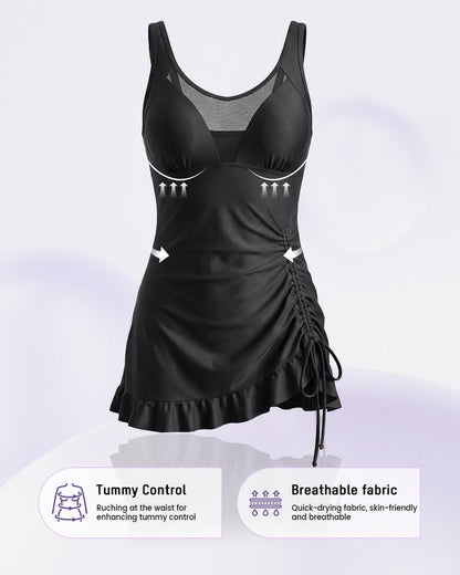 Tummy Control Mesh Neck Ruched Sides Tankini Set