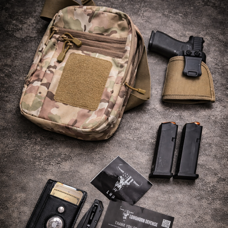 Camouflage bag with gun and accessories on a textured surface